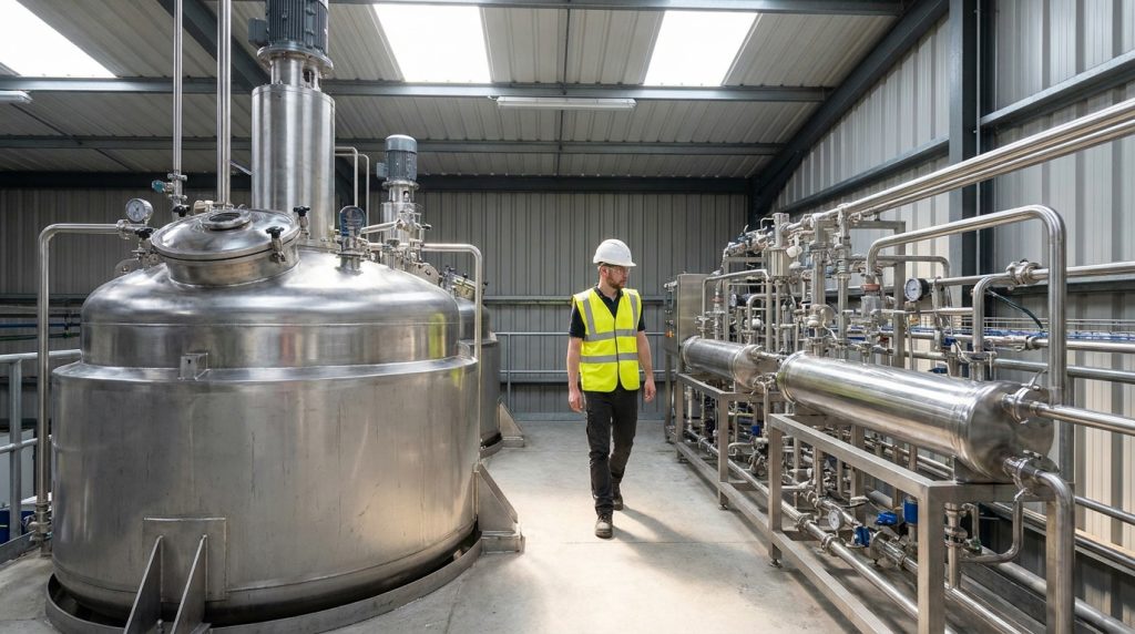 Industrial worker inspecting stainless steel mixing tanks and processing equipment inside a manufacturing facility