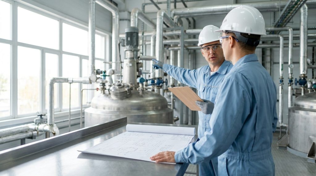 Two technicians in hard hats reviewing engineering drawings and inspecting stainless steel reactor equipment inside an industrial processing facility.