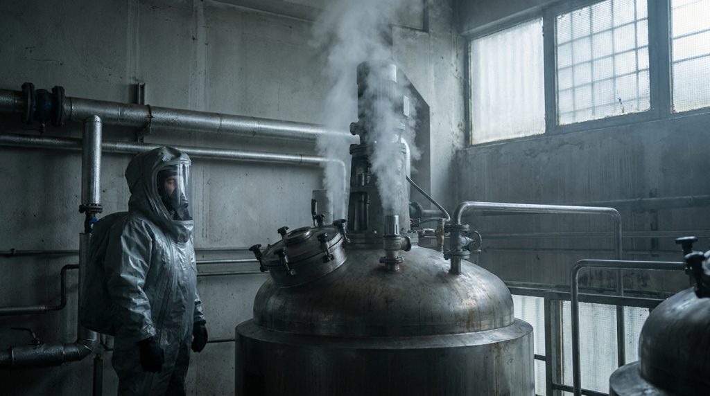 Worker in protective gear standing beside a stainless steel industrial reactor releasing steam or vapor inside a processing facility.