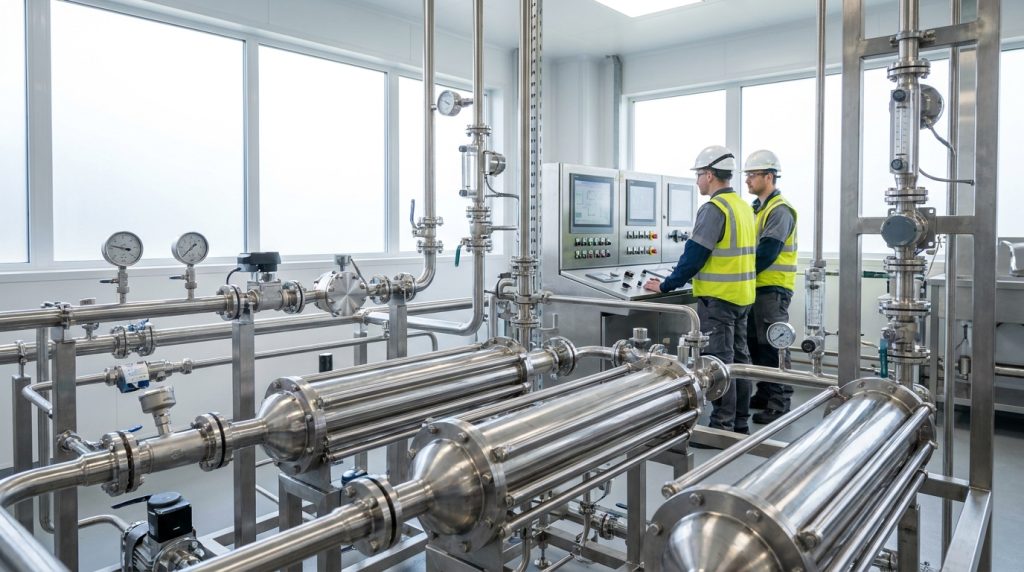 Two technicians monitoring a stainless steel industrial piping system and control panel inside a clean processing facility.