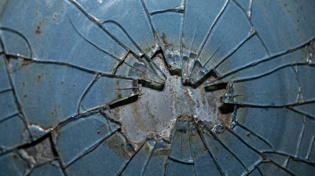 Close-up view of cracked broken glass with a shattered circular impact point and blue-tinted fragments.
