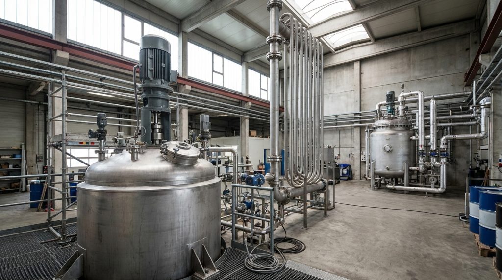 Stainless steel industrial reactor system with process piping, mixers, and connected vessels inside a manufacturing facility.
