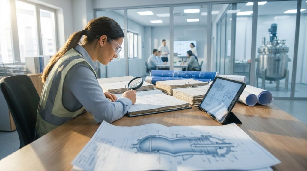 Engineer reviewing industrial vessel drawings and inspection documents with a magnifying glass in a technical office.