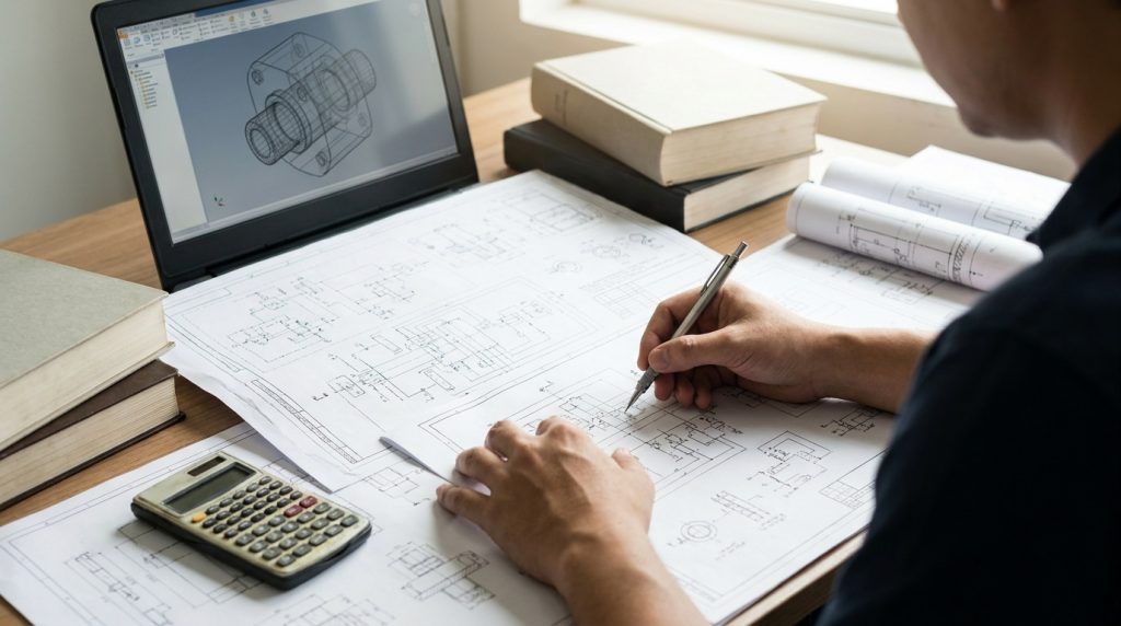 Engineer reviewing technical drawings and 3D equipment design on a laptop for industrial machinery planning.