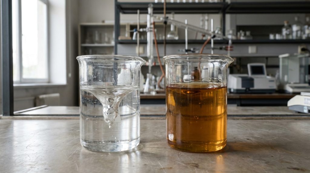 Two laboratory beakers showing clear liquid and amber fluid samples used for industrial process testing.