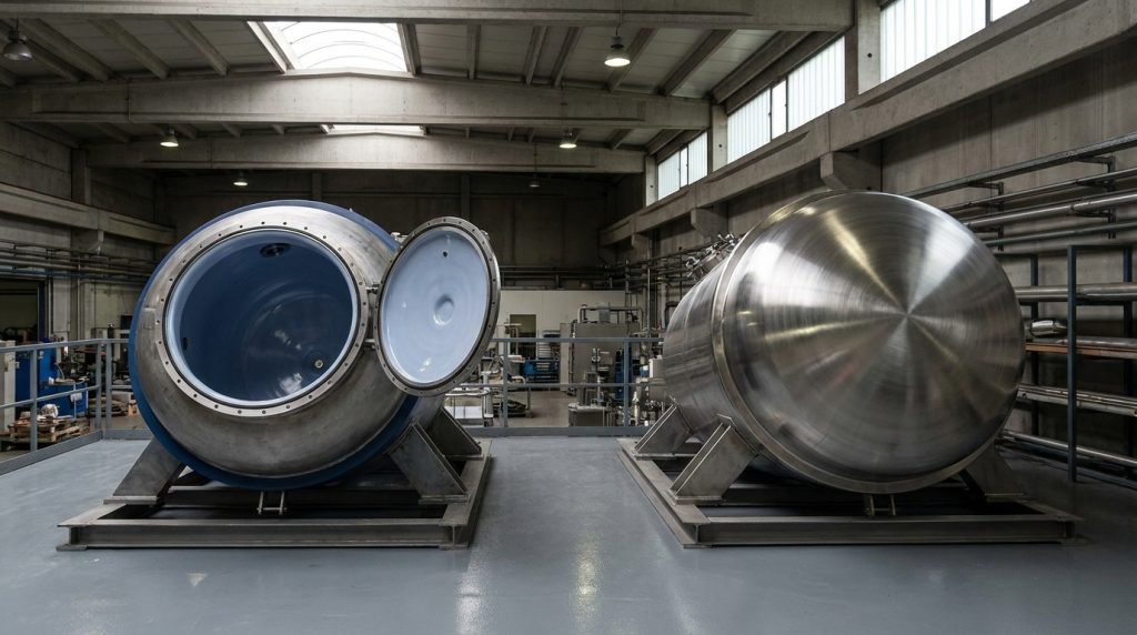 Stainless steel industrial processing vessels displayed in a clean manufacturing facility with one open tank hatch.