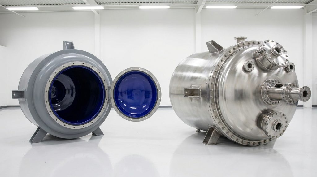 Stainless steel industrial reactor vessel displayed beside an open glass-lined tank in a clean manufacturing facility.