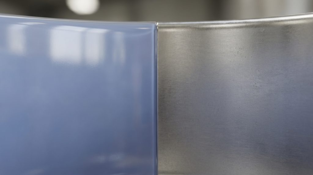 Close-up comparison of blue glass-lined material and brushed stainless steel surface used in industrial vessel construction.