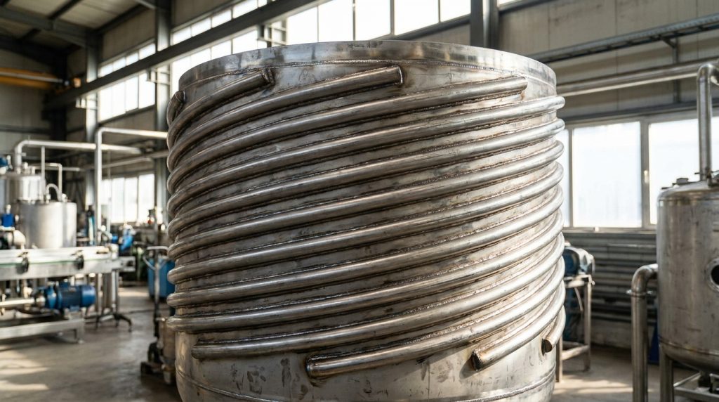 Stainless steel industrial vessel with external heating or cooling coils wrapped around the tank body inside a processing facility.