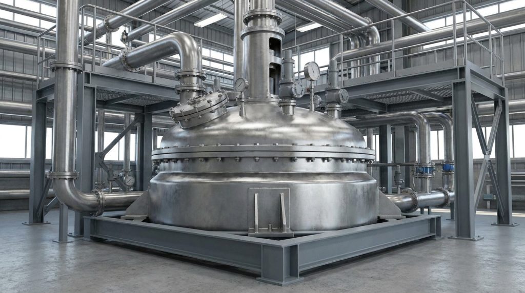 Stainless steel industrial reactor vessel with large process piping and structural support frame inside a manufacturing facility.
