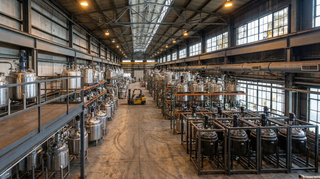 Large industrial warehouse filled with rows of stainless steel processing tanks, reactors, and framed equipment systems.