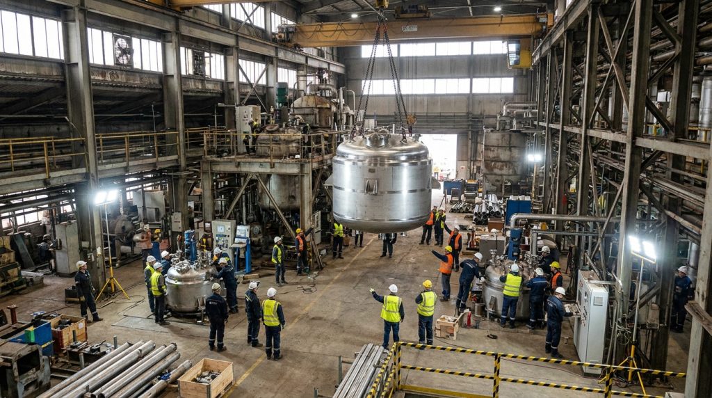 Workers using an overhead crane to lift a stainless steel industrial reactor vessel inside a large manufacturing facility.