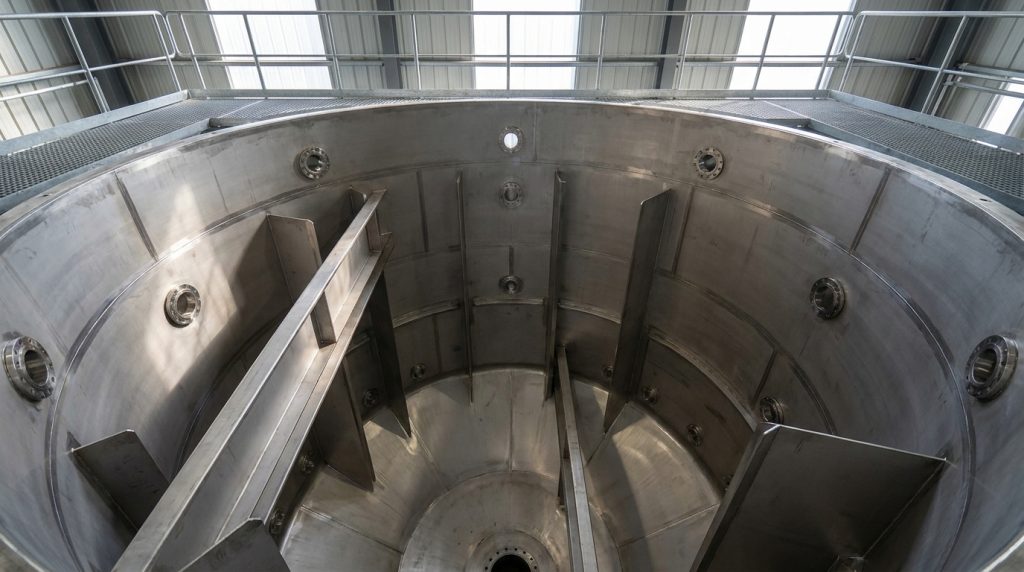 Interior view of a large stainless steel industrial tank showing baffles, nozzle ports, and clean welded surfaces.