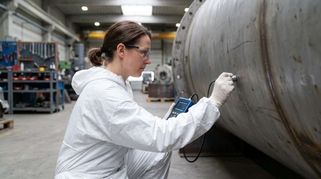 Technician in protective clothing using an ultrasonic testing device to inspect a large industrial metal tank.