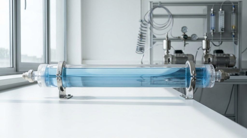 Transparent tubular process equipment filled with blue liquid on a laboratory bench with testing instruments in the background.