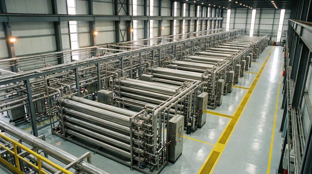 Large industrial processing facility with rows of stainless steel tubular heat exchangers, process piping, and control systems.