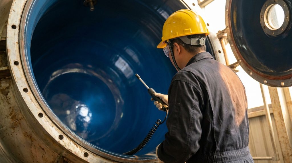 Technician inspecting the blue glass-lined interior of an industrial reactor vessel with a handheld probe.