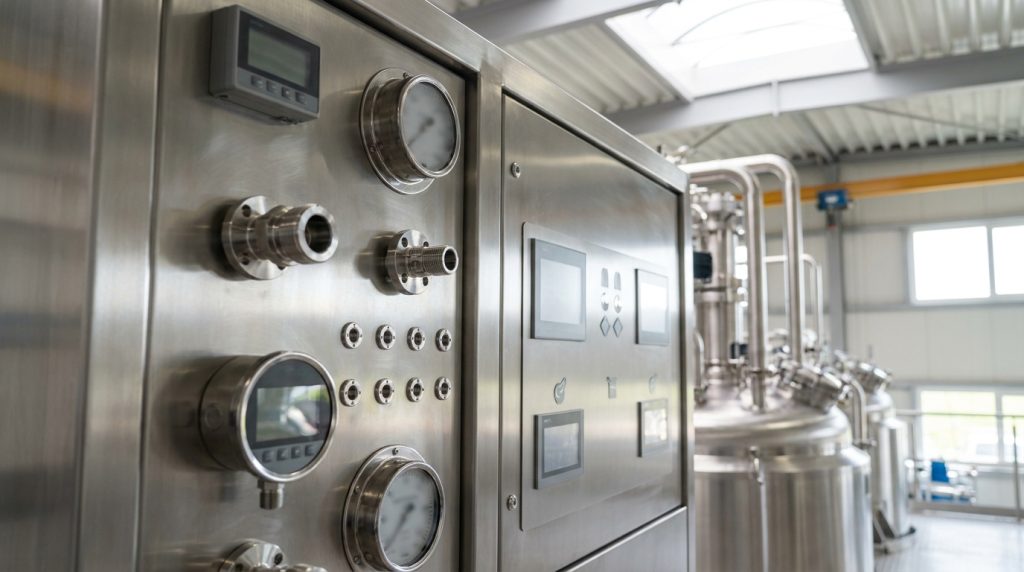 Stainless steel industrial control panel with gauges, fittings, and digital displays beside processing equipment in a manufacturing plant.