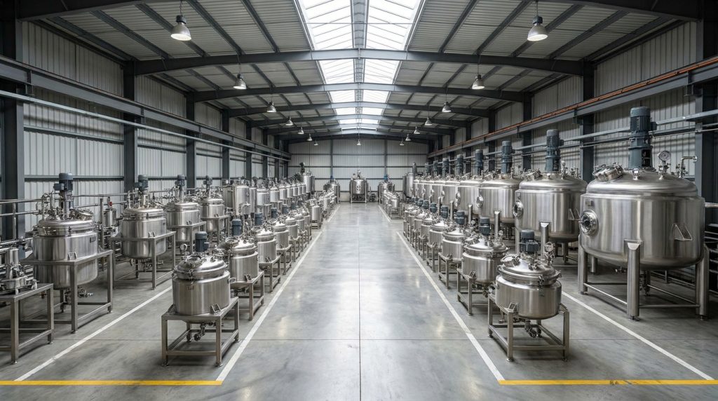 Large industrial facility with rows of stainless steel processing tanks and reactors arranged along a clean production floor.