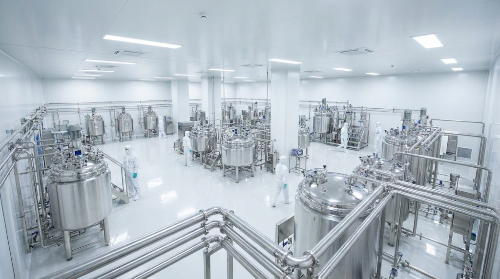 Clean industrial processing facility with stainless steel tanks, reactors, process piping, and technicians in protective clothing.