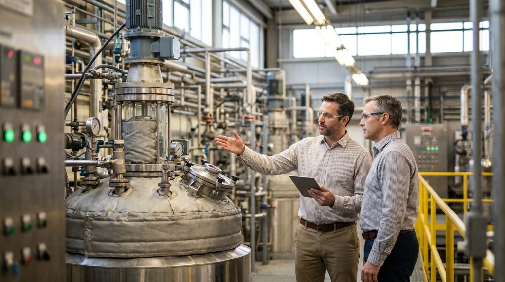 Two engineers inspecting an industrial reactor vessel and process equipment inside a manufacturing plant.