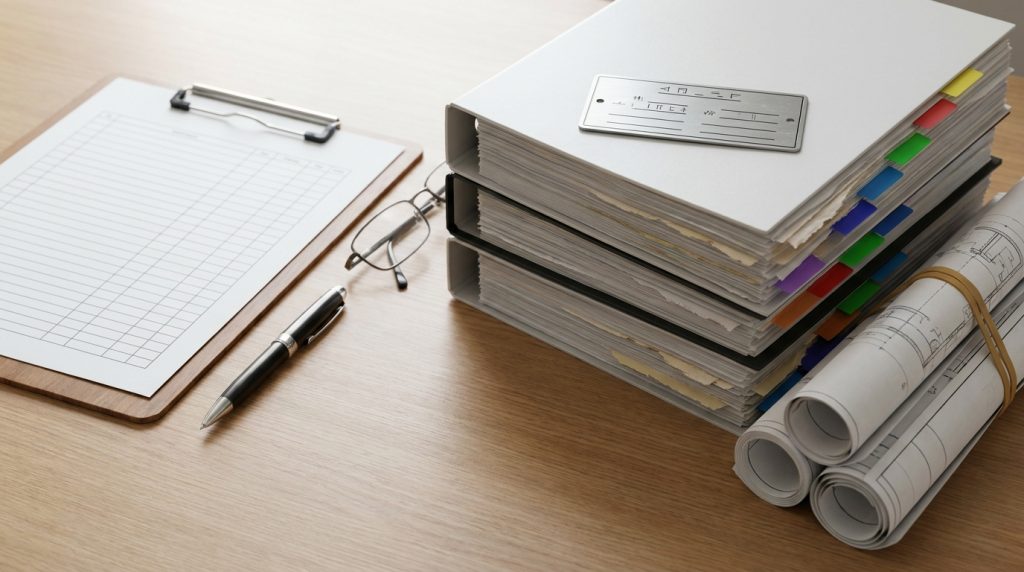 Organized technical documentation binders, engineering drawings, clipboard, pen, and glasses on an office desk.