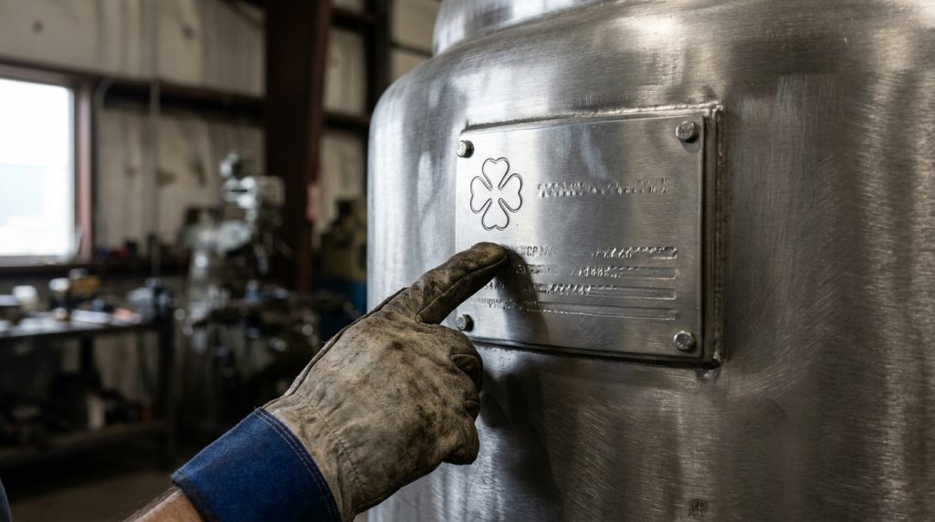 Close-up of a worker pointing to the identification plate on a stainless steel industrial vessel.