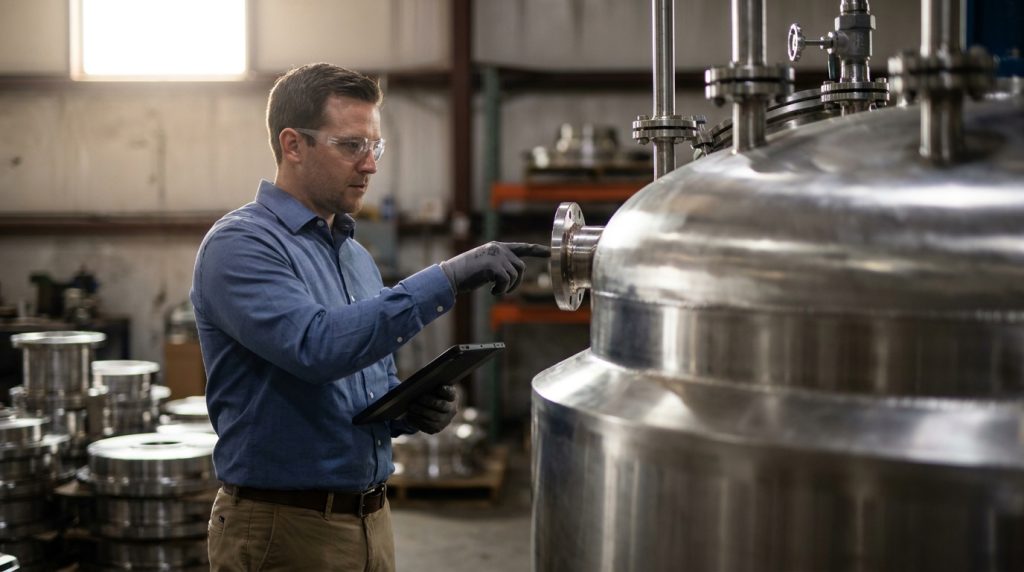 Engineer using a tablet to inspect a stainless steel industrial reactor vessel inside a manufacturing workshop.