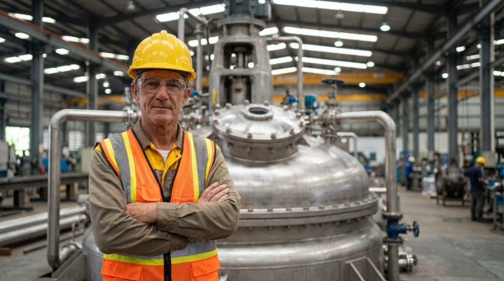 Industrial worker wearing a hard hat and safety vest standing in front of a stainless steel reactor vessel in a manufacturing plant.