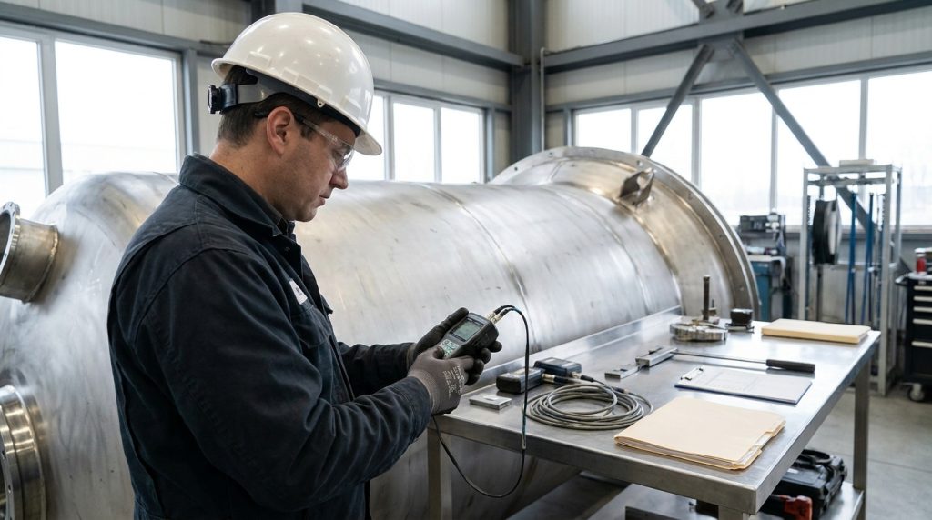 Technician performing ultrasonic inspection on a stainless steel industrial vessel with testing equipment and documents nearby.