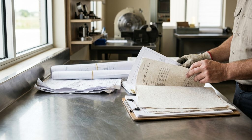 Technician reviewing engineering drawings and inspection documents on a clipboard inside an industrial equipment workshop.
