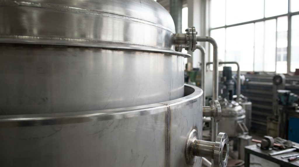 Close-up of a stainless steel industrial vessel with welded seams, flanged nozzles, and connected process piping.