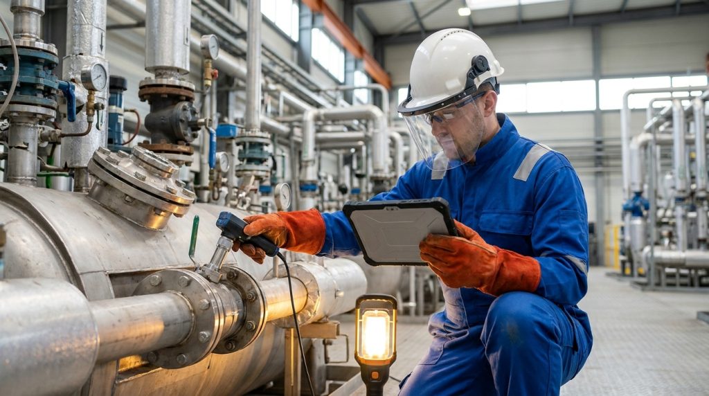 Technician using ultrasonic testing equipment and a tablet to inspect industrial process piping inside a manufacturing facility.