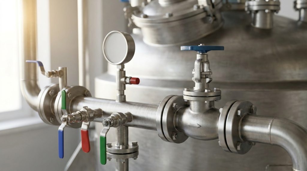Stainless steel process piping with flanged valves, pressure gauge, and colored valve handles connected to an industrial vessel.