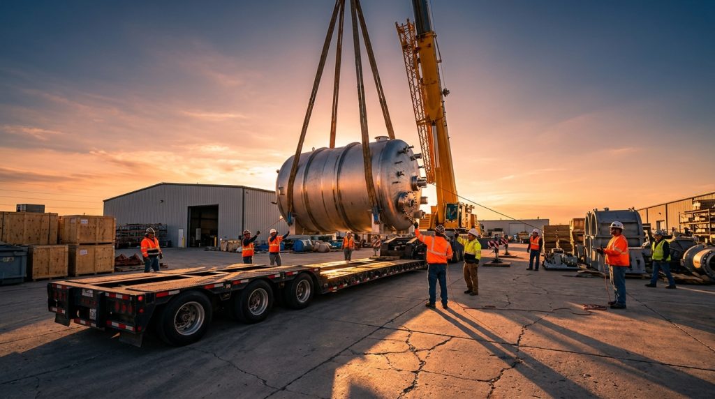 Crane lifting a large stainless steel industrial vessel onto a flatbed trailer during heavy equipment transport at sunset.