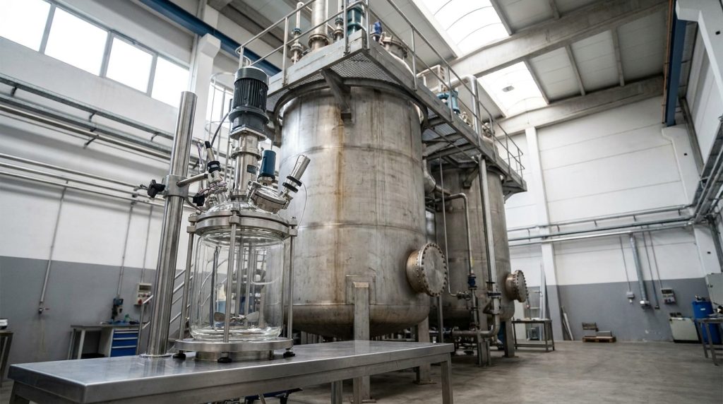 Large stainless steel industrial reactor vessel with glass lab reactor equipment inside a processing facility.