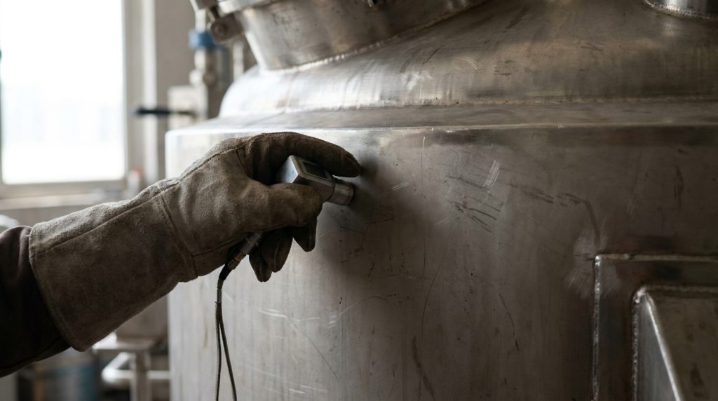 Close-up of a technician using an ultrasonic testing probe to inspect the surface of a stainless steel industrial vessel.