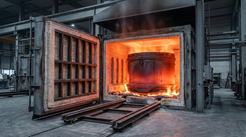 Industrial heat treatment furnace with an open door heating a large metal component inside a manufacturing facility.
