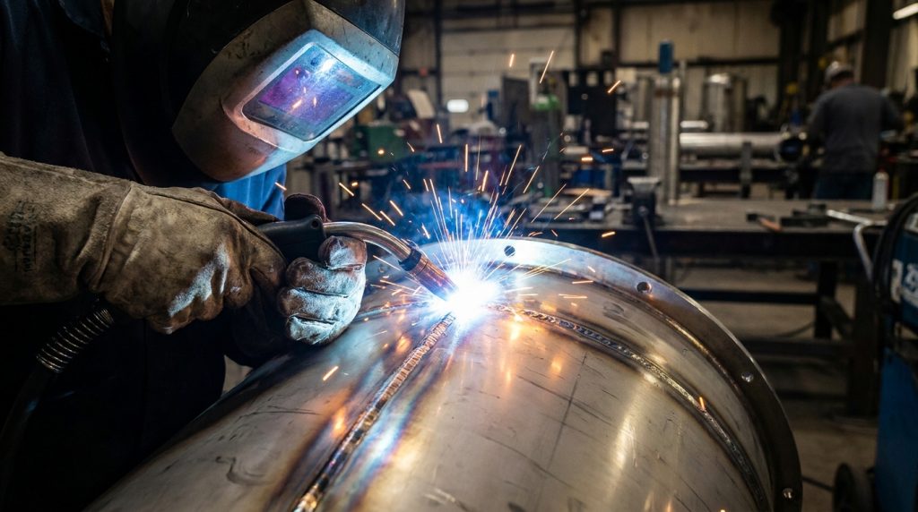 Welder using a torch to fabricate a stainless steel industrial vessel with sparks flying during metalwork.