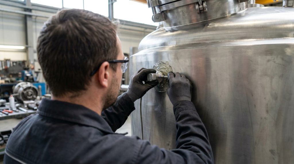 Technician applying inspection gel and using an ultrasonic probe to test the wall thickness of a stainless steel industrial vessel.