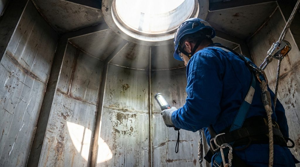 Worker wearing fall protection inspects the inside of a large industrial tank using a handheld inspection light