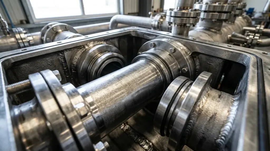 Close-up of ANFD internal structure showing piping, seals, and components that can create cleaning challenges.