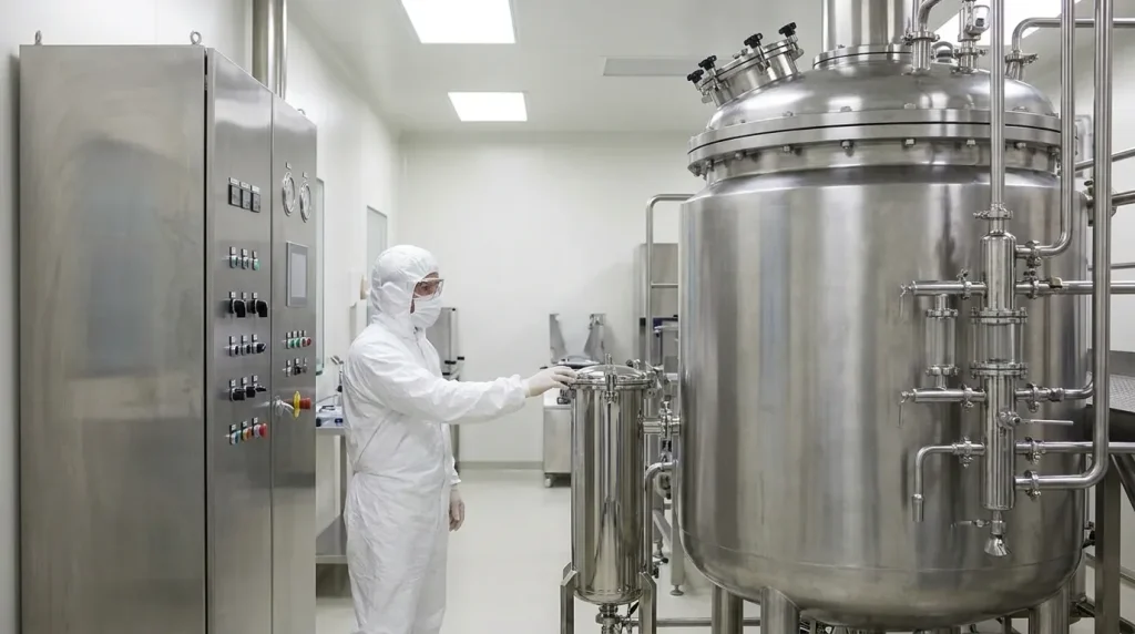 Operator working with pharmaceutical filtration equipment in a clean processing facility.