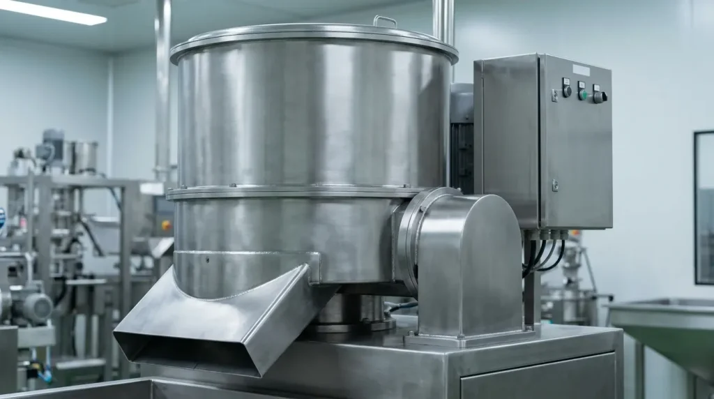 Stainless steel automatic bottom-discharge centrifuge with discharge chute and control panel in an industrial processing facility.
