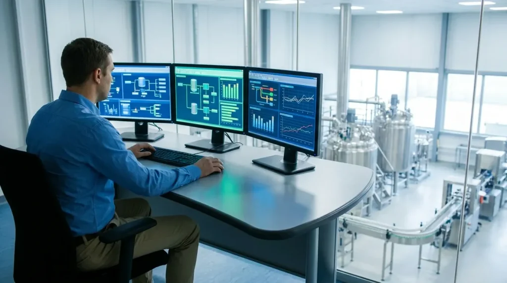 Operator monitoring an automated CIP cleaning system from a control room with process data displayed on multiple screens.