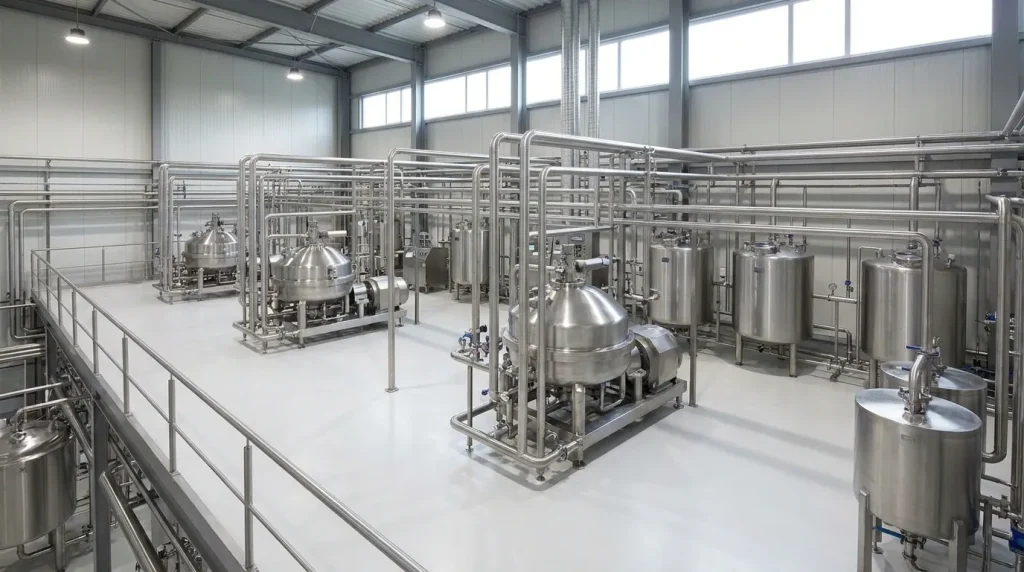 Automated CIP system with stainless steel centrifuges, tanks, and sanitary piping in a processing facility.
