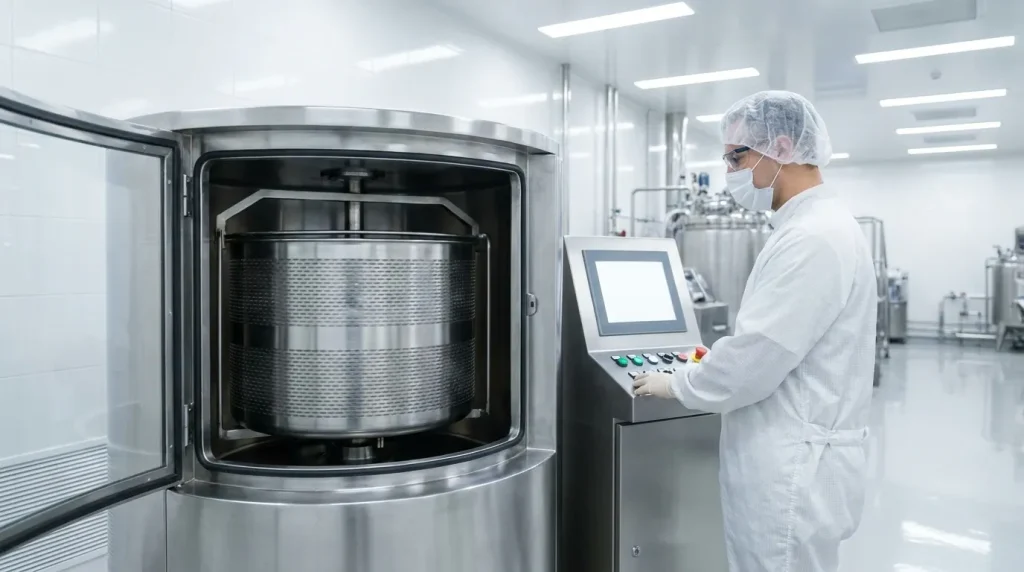 Pharmaceutical basket centrifuge operating in a cleanroom with a technician monitoring the control panel.