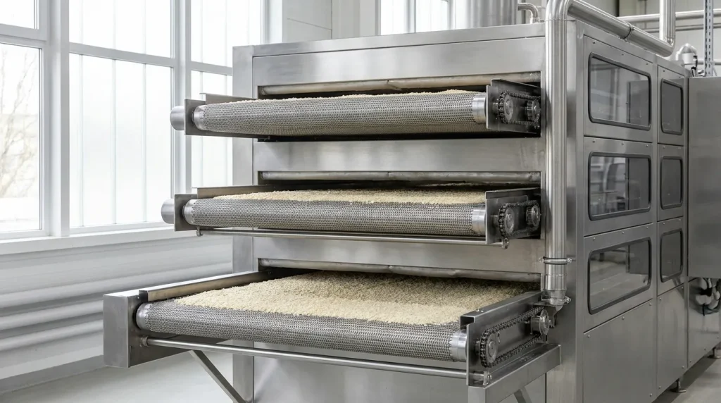 Industrial belt dryer with multiple conveyor levels processing granular material through a continuous drying system.