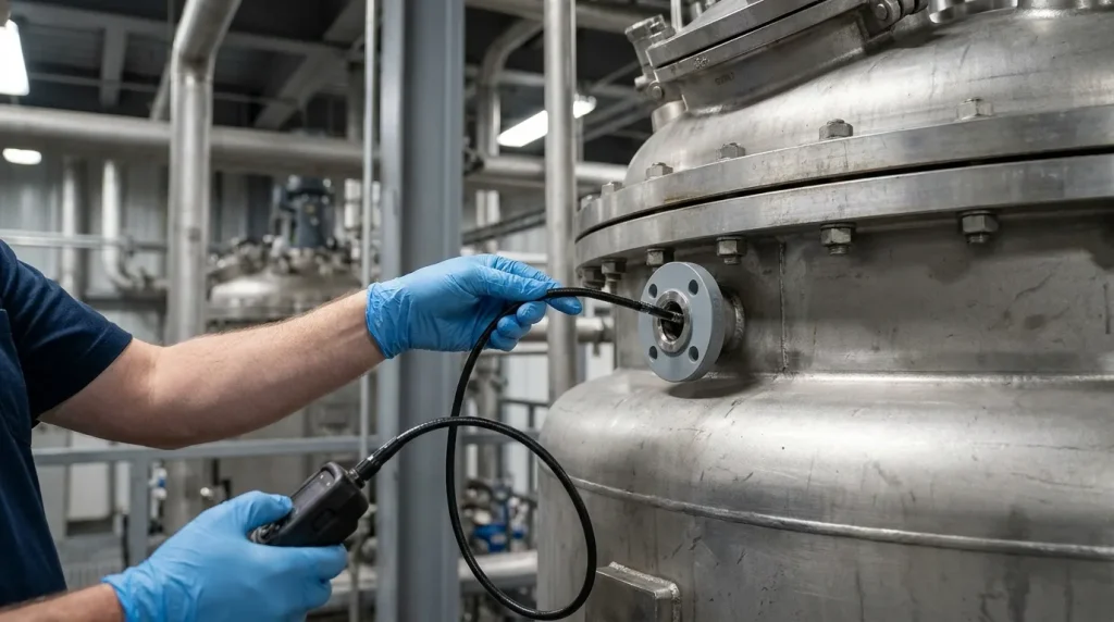 Technician using a flexible borescope to inspect the interior of a stainless steel industrial reactor through an access port.