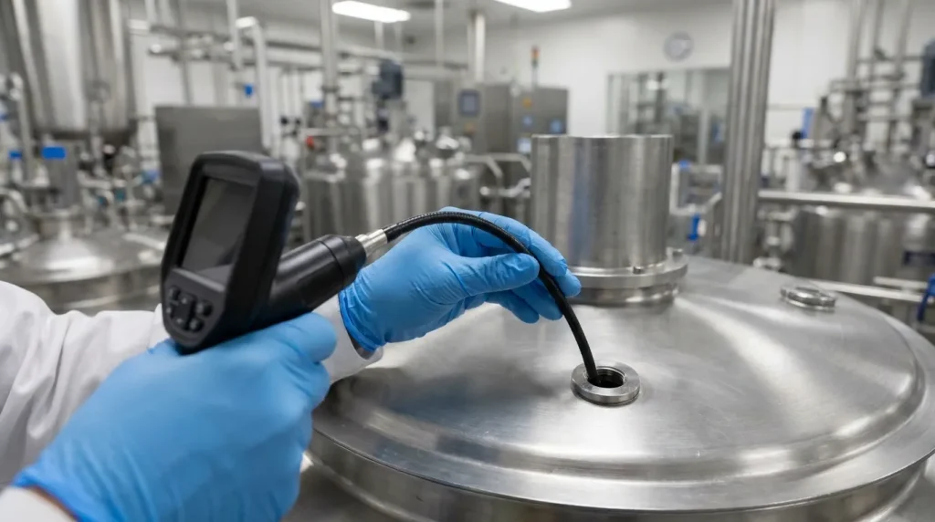 Technician using a borescope to inspect hard-to-reach areas inside stainless steel pharmaceutical processing equipment.